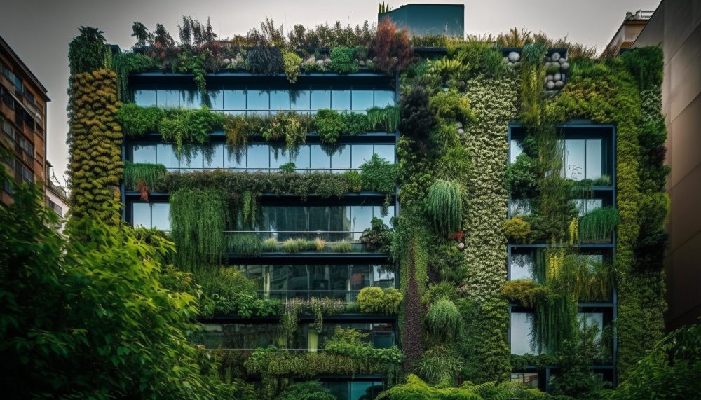 Modern building facade reflects nature growth patterns generated by artificial intelligence